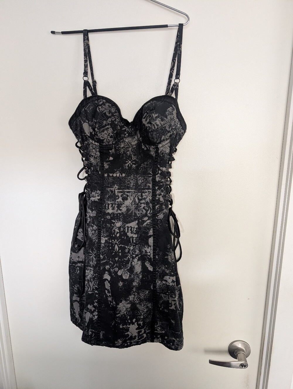 Guess Black Patterned Lace-Up Bustier Mini Dress Size US 3